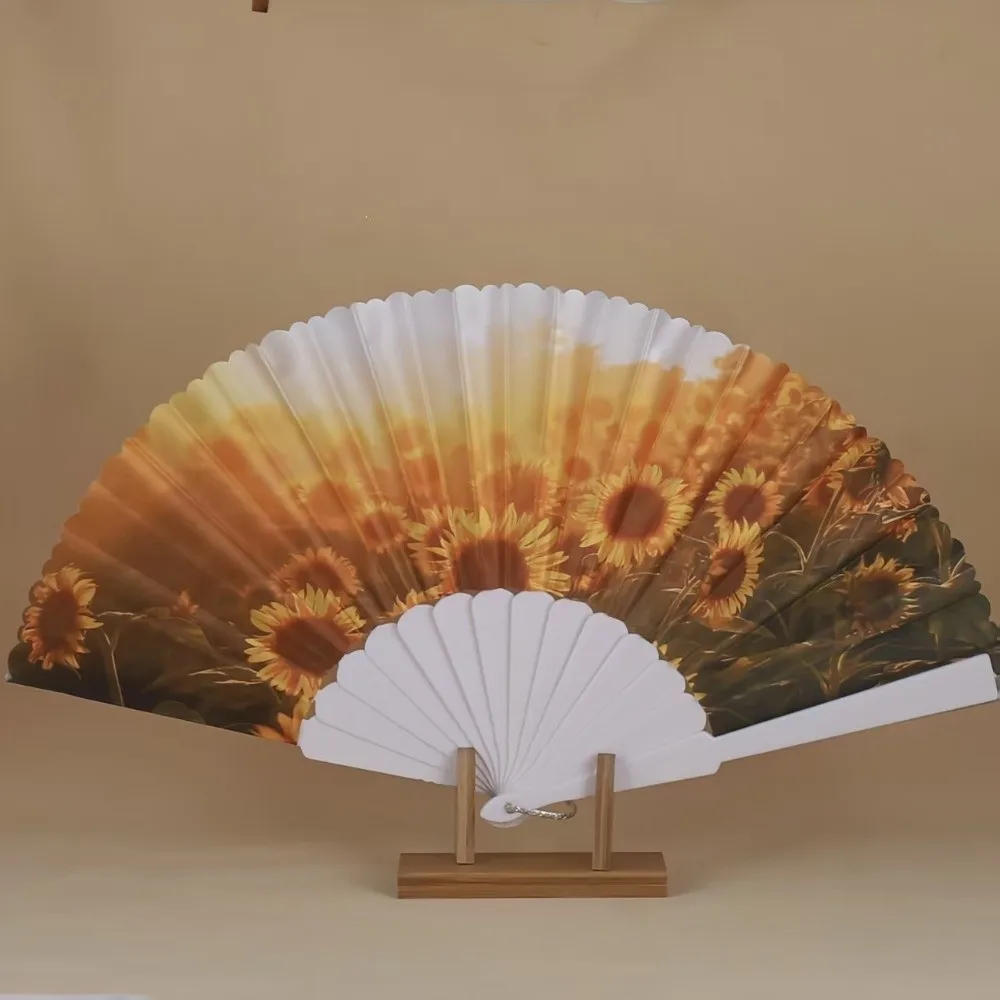 Lightweight Sunflower Folding Fan Collapsible Handwork Design Cloth Fan Retro Handheld Dance Fan Wedding Prop