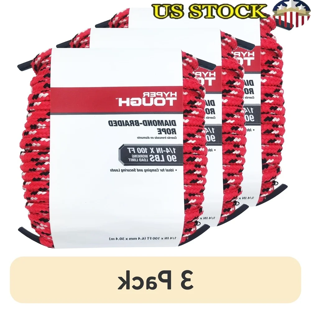 

3 Pack 1/4 Inch Polypropylene Diamond Braided Rope 100 Feet Durable Multi-Purpose Red Rope Camping Fishing Home Security