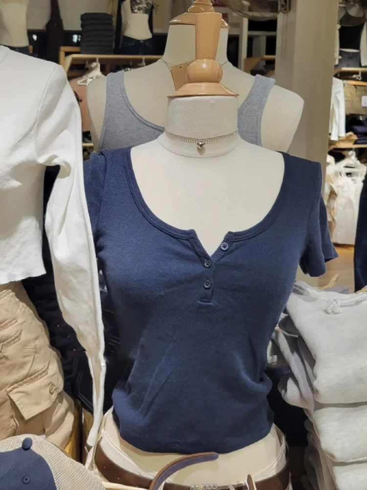 Navy Three Buttons Basic T-shirt Woman Round Neck Short Sleeve Cotton Slim T-shirts Summer Solid Vintage Simple New Crop Top Y2k