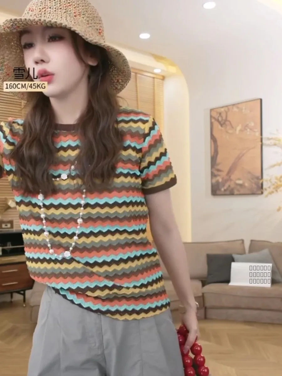 

Toscan Summer Vintage Luxury Stripe Knitted Pure Cotton ort Sve T-irt Color Blo Casual round Ne Top for Women