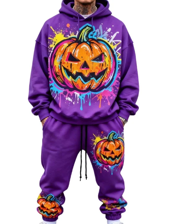 Men's and Women's Pumpkin Pattern Hoodies and Pants Sports Comfort Set