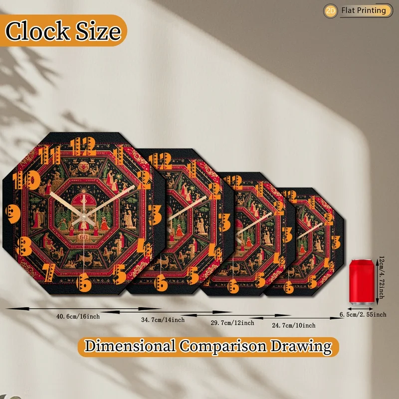 1pc Classic Christmas tapestry pattern Octagonal Wall Clock for Kitchen Living Room Office Ideal Holiday Easter Birthday Gifts