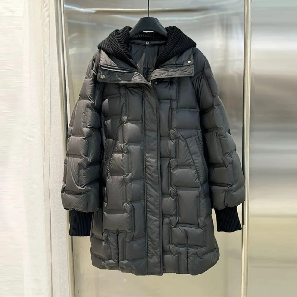 

2025 Women New Knitted Hat Detachable Puffer Down Coat Winter Long White Duck Down Jacket Casual Loose Fit Warm Parkas
