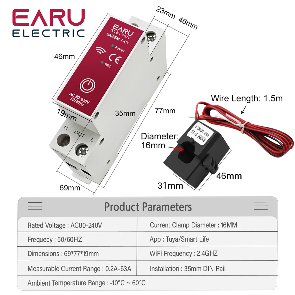 Imagem -02 - Tuya Smart Life App Medidor de Energia Wifi Transformador de Corrente Braçadeira Monitor de Energia Kwh Eletricidade ac 110v 230v 63a