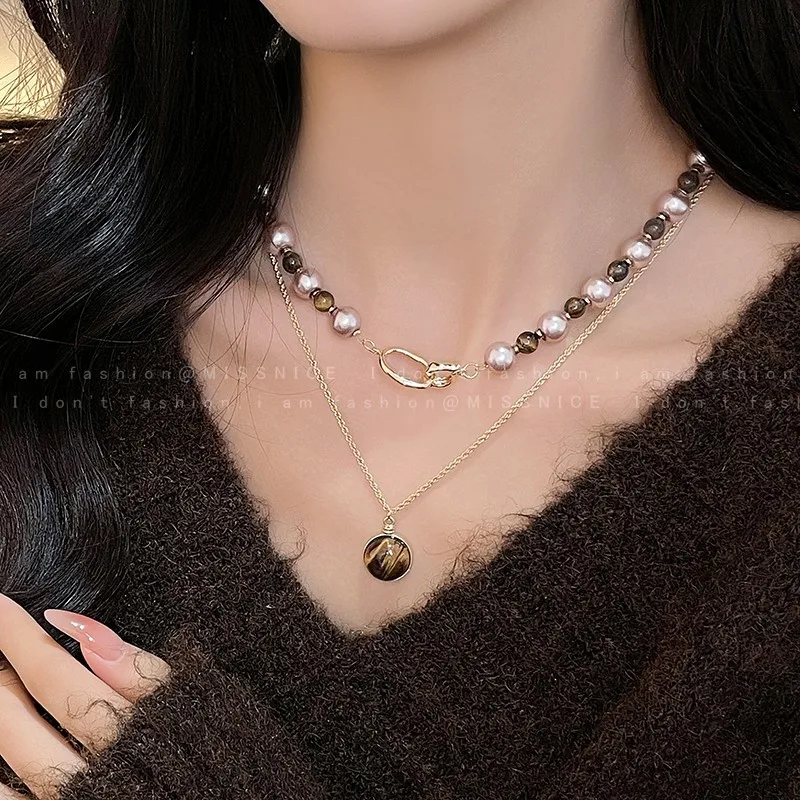 Tiger Eye Gold Brown Pearl Necklace Stackable Retro Elegant Handmade Natural Stone 6mm Beads  Choker Daily Accessory