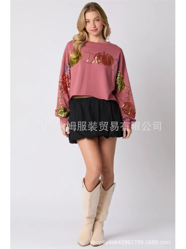 2025 Autumn Sequin Pullover Blusas Long Sleeve Tops T Shirt Tees Loose Pumpkin Halloween Simple Style Commuting Casual Homewear