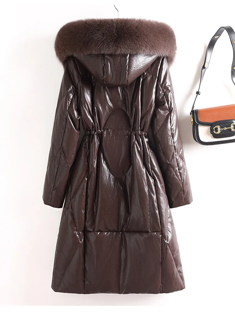 جديد إمرأة شتاء انقسام الجلود أسفل معطف موضة مقنعين الثعلب الفراء طوق الرباط الخصر النحيف معطف دافئ معطف جلد يومي غير رسمي #4