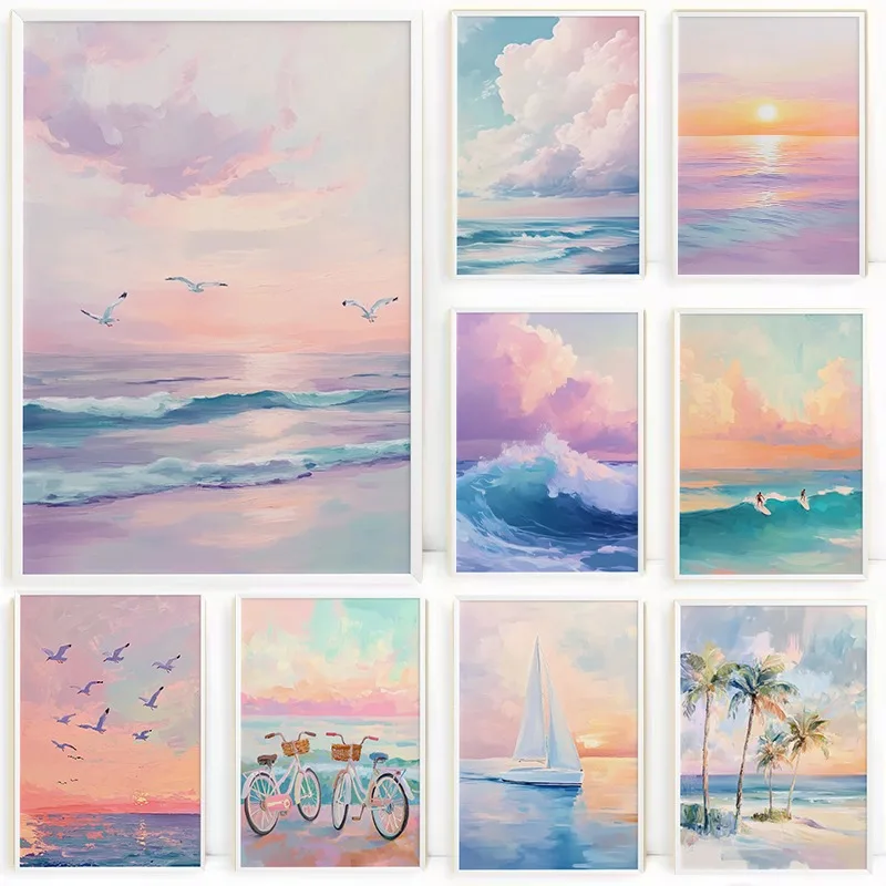 Unframe Pink Pastel Ocean Scene Poster Colorful Coastal Sunset Cloud Beach Waves Canvas Painting Wall Art for Living Room Home D
