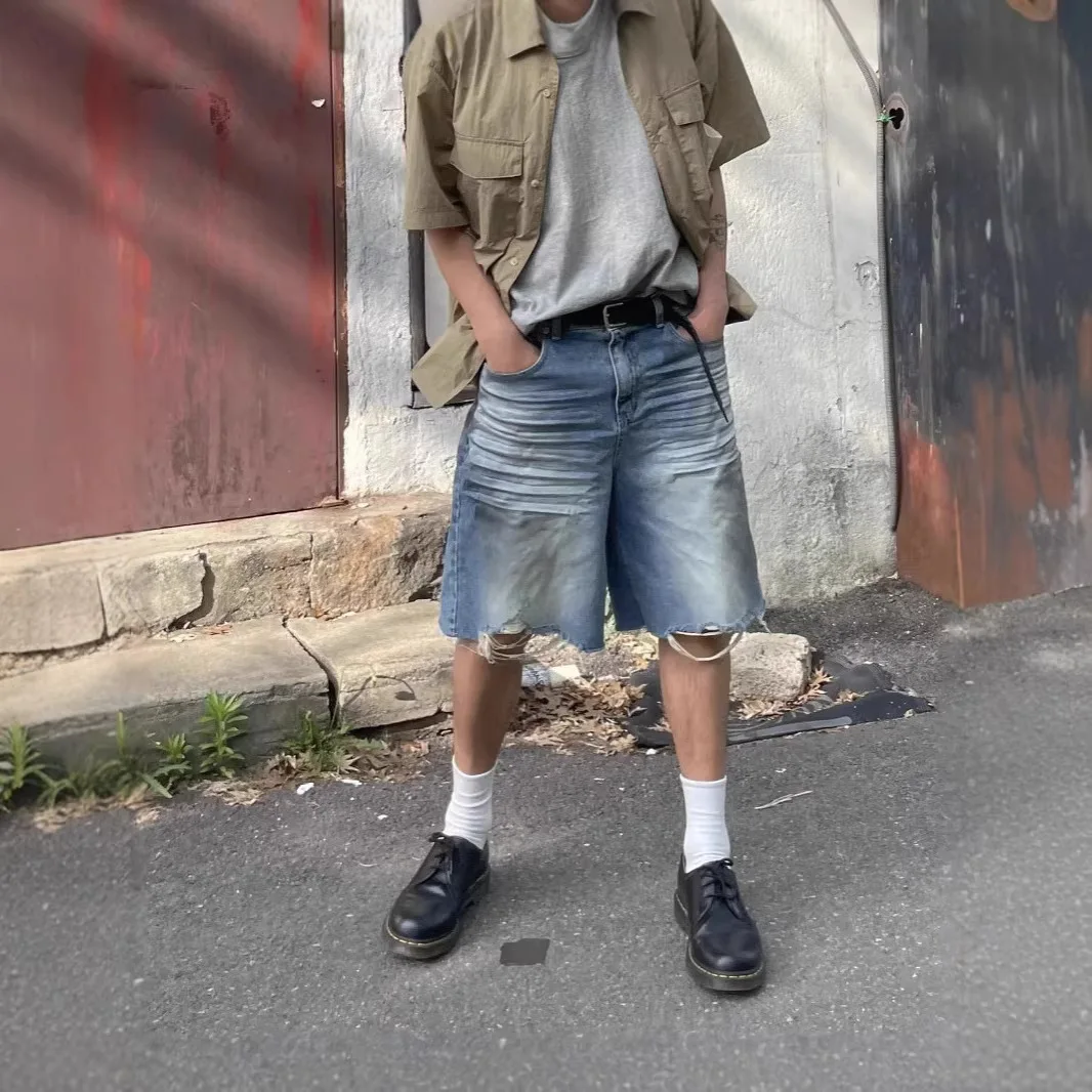 Grailz PROJECT G/R Summer Trendy Disruptive Fringe Mud-Dye Weathered Straight Denim Shorts Five-Piece Set for Men Protocol Index