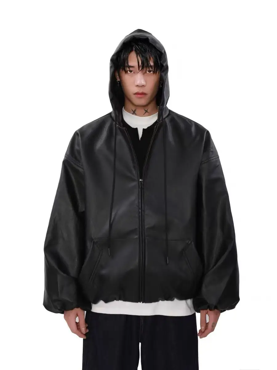

American Retro High-Street Solid Color Hooded Leather Jacket for Autumn & Winter, Unisex & Stylish for Men & Women