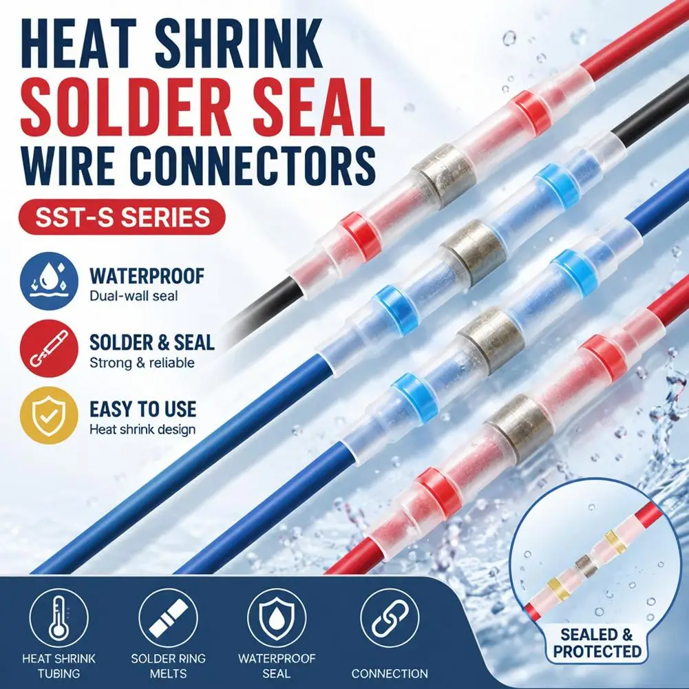 50Pcs Solder Seal Wire Connectors Waterproof Heat Shrink Butt Terminals Insulated Marine Automotive Electrical Splice Kit