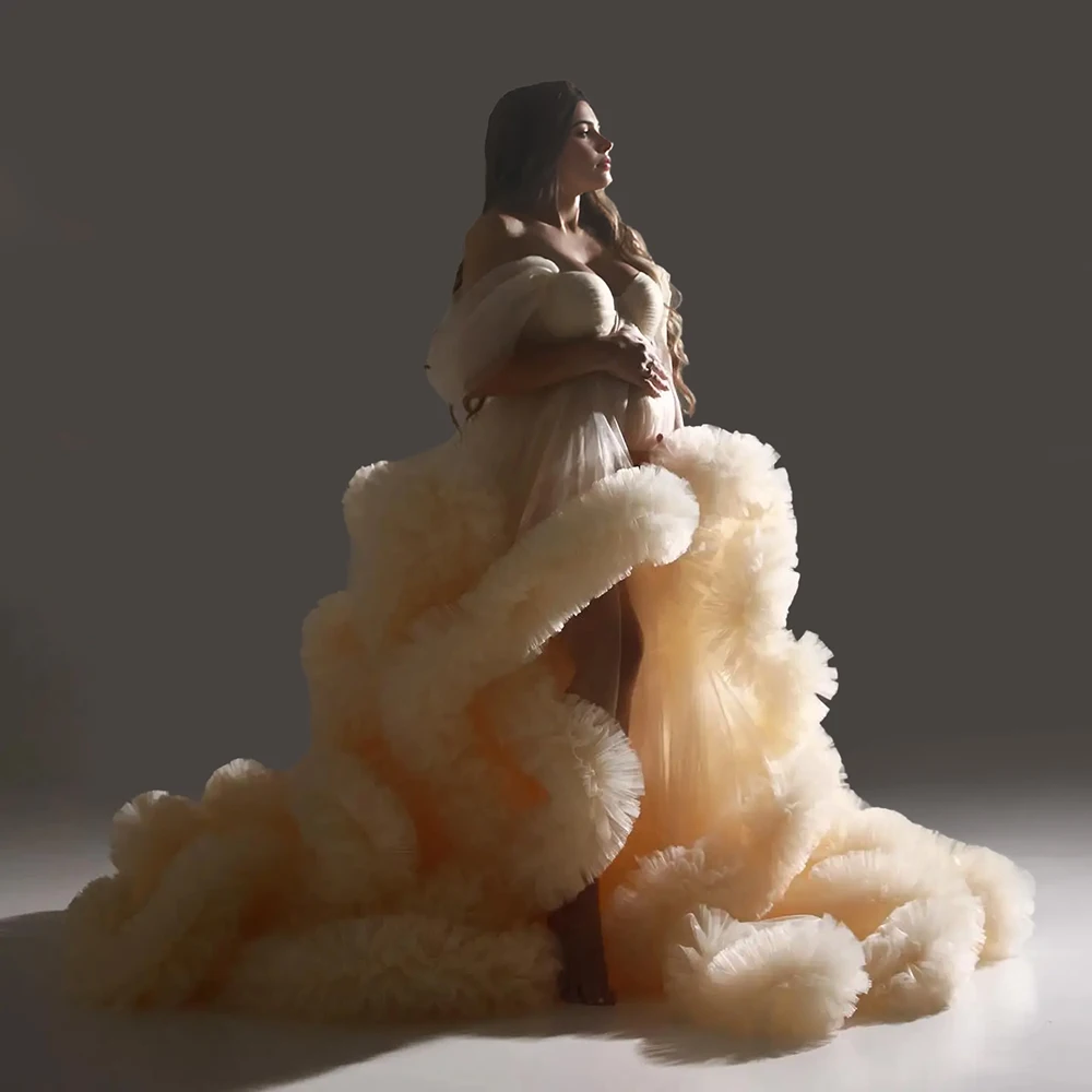 

Fluffy Ruffles Tulle Maternity Dress for Photoshoot with Side Slit Layered Puffy Baby Shower Dresses for Pregnant Photography