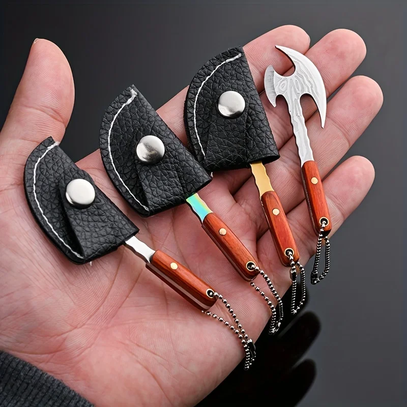 Mini Axe Keychain Wooden Handle Tiny Fixed Blade Cutter with Leather Sheath Portable EDC Parcel Letter Opener Decor Pendant Gift