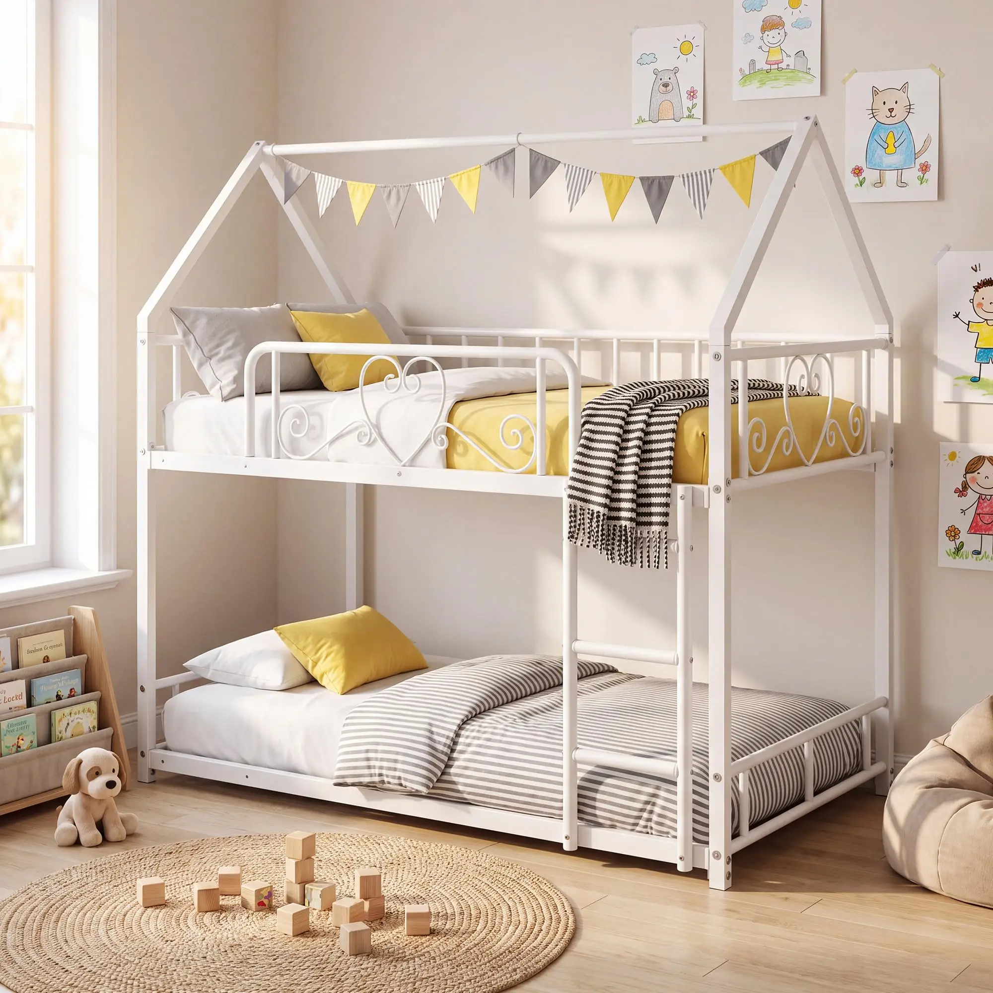 Twin Over Twin Metal Bunk Bed With House Roof, Ladder & Guardrails, Heavy Duty Space Saving Kids Bedroom Bed Frame