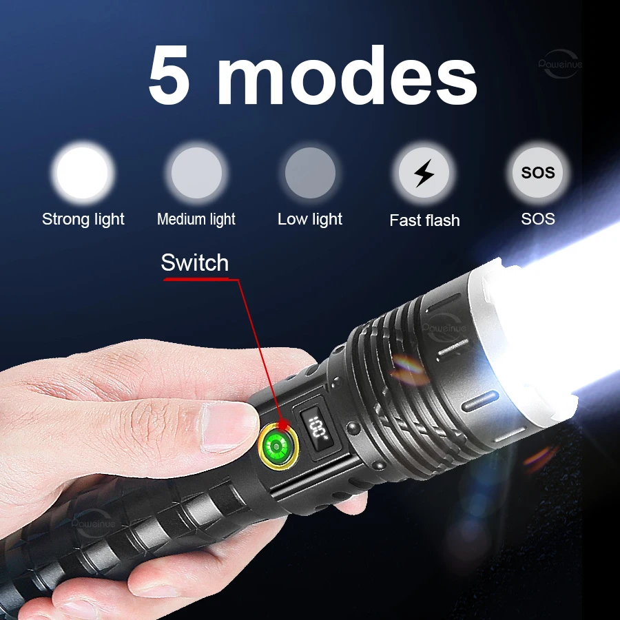 1000000LM Most Powerful LED Flashlight 10000mah High Power Torch Rechargeable 800W Spotlights Tactical Flashlights Lighting 4km