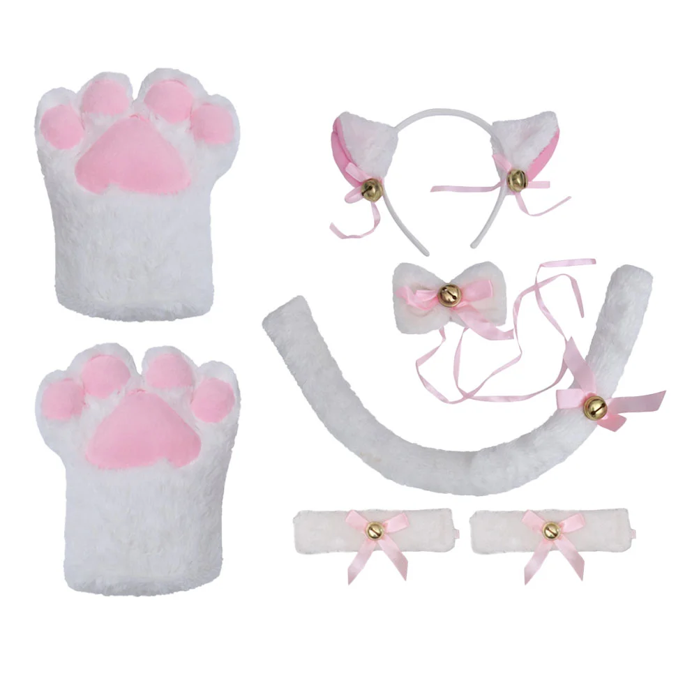 

Exquisite 7 Piece Cat Ears Headband Cat Tail Bells Gloves Animal Costume Props Fabric Kids Party Accessories