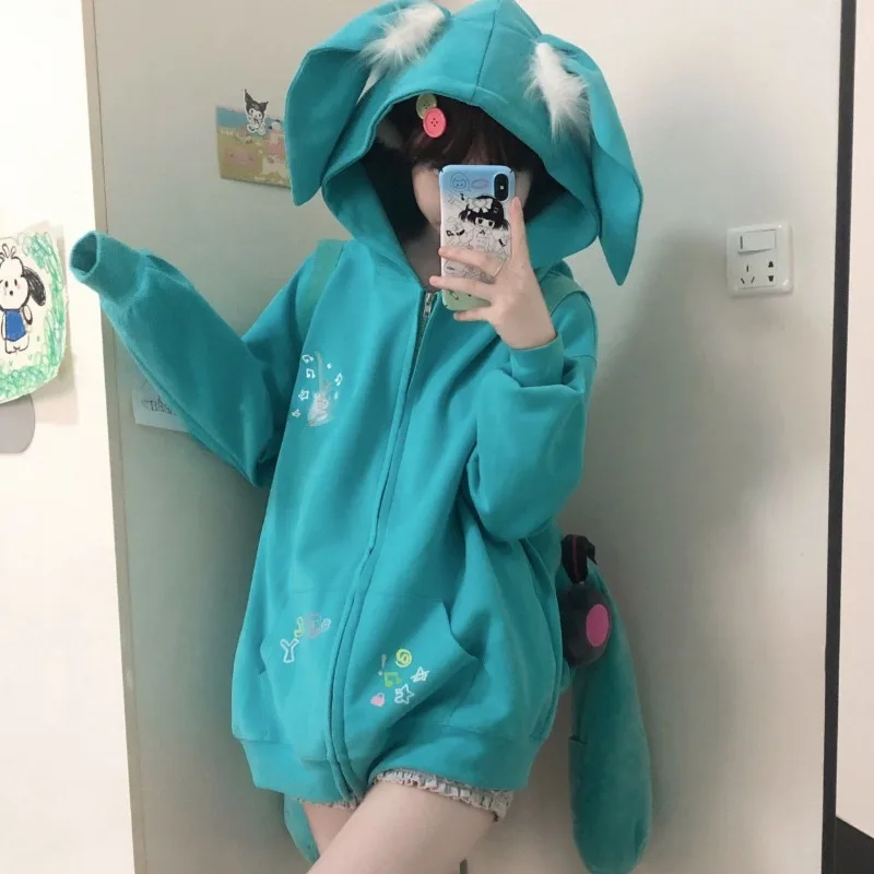 

Japanese Sweet Rabbit Ears Green Hoodie Aesthetic Gothic Sweatshirt Ladies Original Women Zip-up Hoodie Coat 2024 Fall New