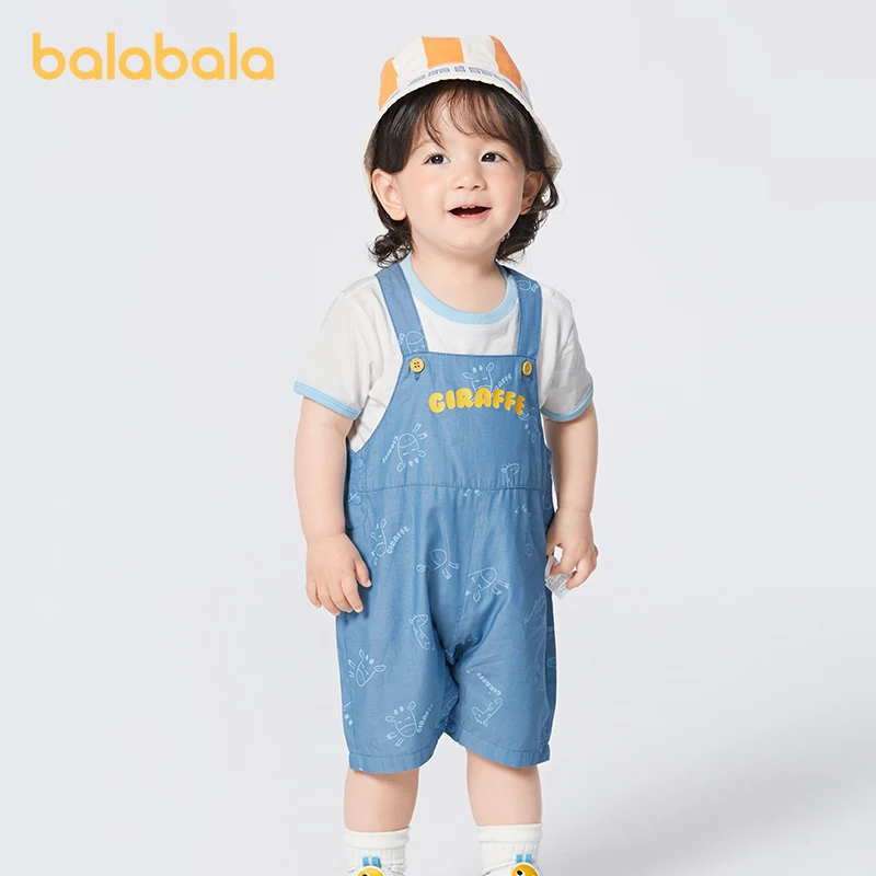 Balabala Short-Sleeved Set Boys Infant 2024 Summer New Outfit Children Baby Two-Piece Suspender Pants Cute Casual and Stylish