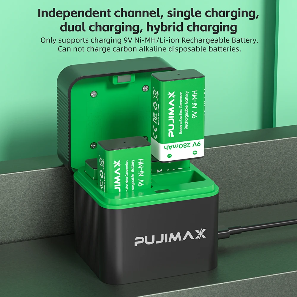 Akumulator PUJIMAX 9V Ni-MH z ładowarką 4-gniazdową, baterie 280mAh do gitary, mikrofonu, czujnika dymu, multimetru — zdjęcie produktu 3
