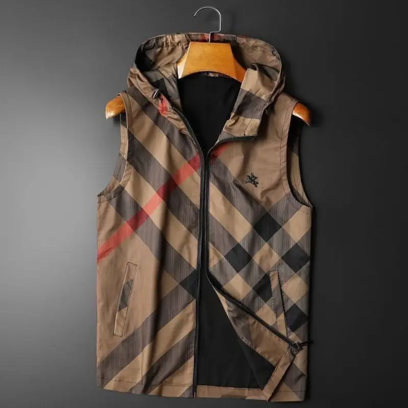 

2025 summer hooded plaid contrasting vest new men's thin trendy thin cardigan short-sleeved vest