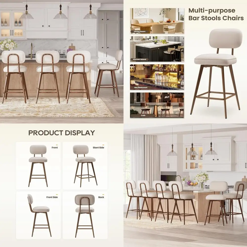 

Swivel Bar Stools Set o 4, Century PU Leather Counter Height Bar Chairs with Low Back and Metal Legs, ern Bar Stool Chair or Kit