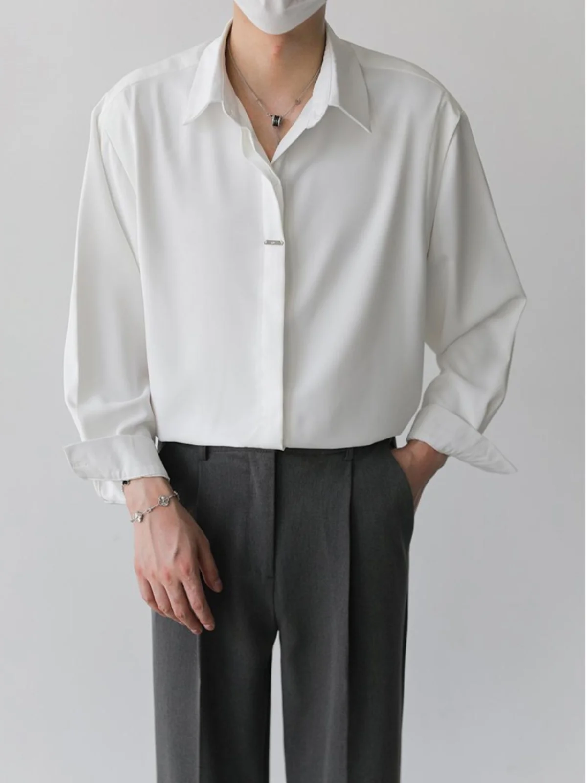 Men's Long Sleeve Shirt Spring Autumn Loose Drapey No Ironing Pure Color Fashionable Simple Style Casual Business Wear