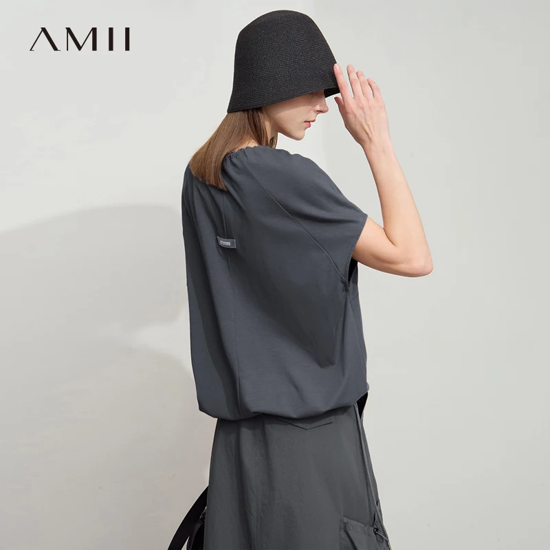 Amii Women's Top Minimalist 2026 Summer Solid Color Drawstring Adjustable Neckline Raglan Sleeve Loose Cotton T-Shirt 12542059