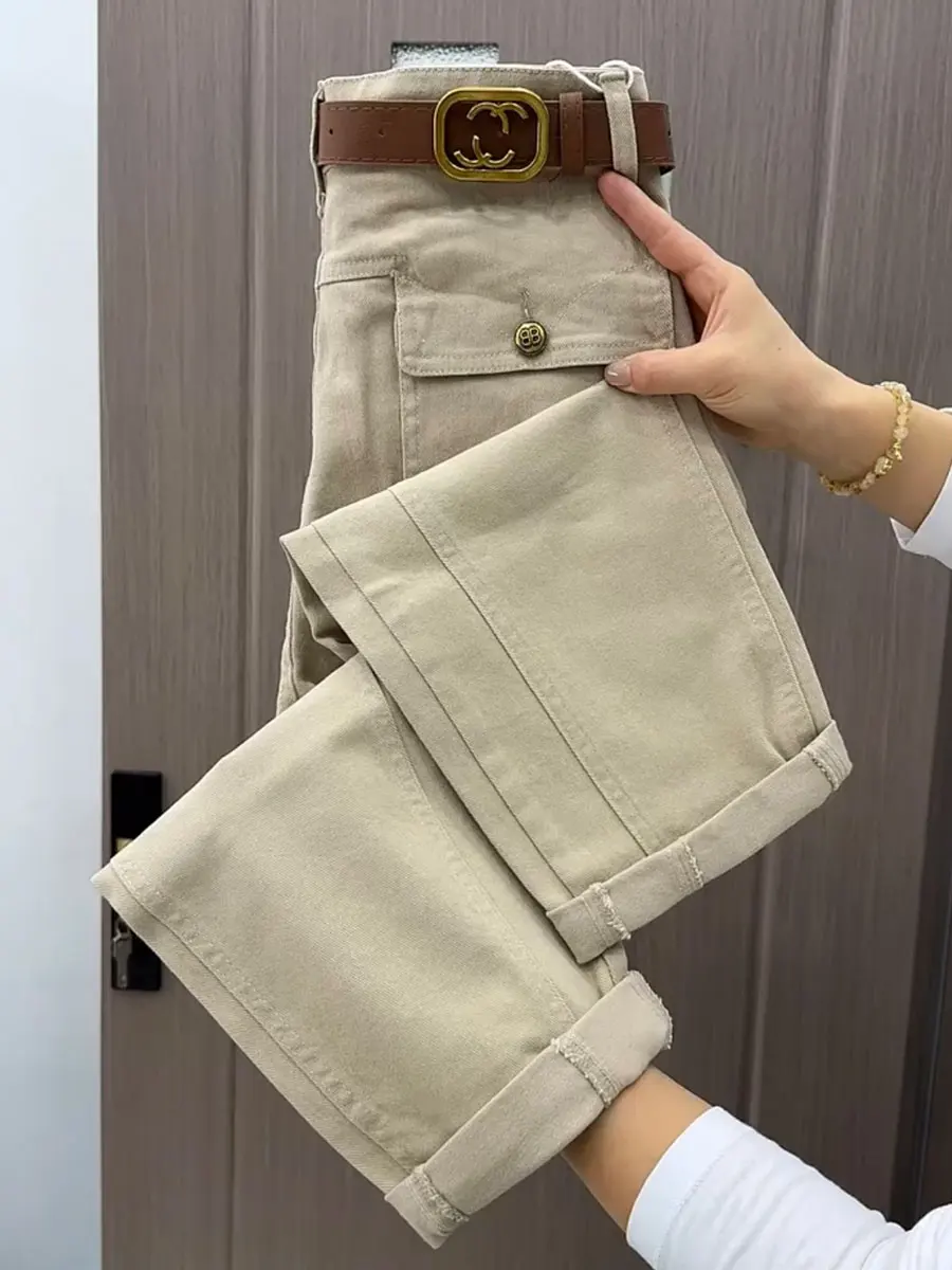 

Spring High Waist Straight Leg Cotton Workwear Jeans Women Loose Fit Cuffed Casual Versatile Denim Pants Korean Sle Commute