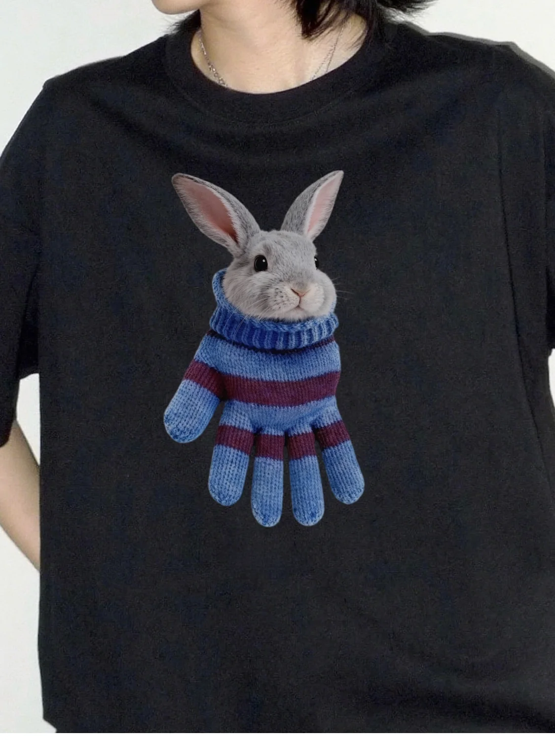 Fun Gloves Abstract Print Short Sleeve round Neck Cotton T-Shirt Heavyweight Pure Cotton Rabbit Design Joke T-Shirt for Men