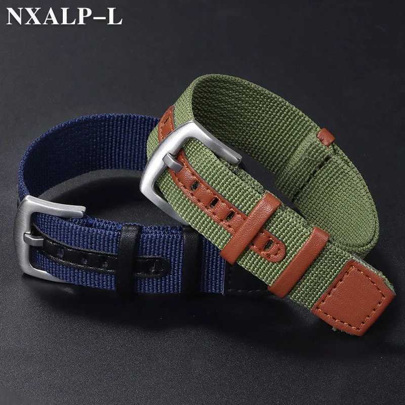 20mm 22mm Nylon Patch Leather Strap Green Brown Canvas Bracelet Men\'s Military Sport Watchband for Rolex for Seiko Wristband