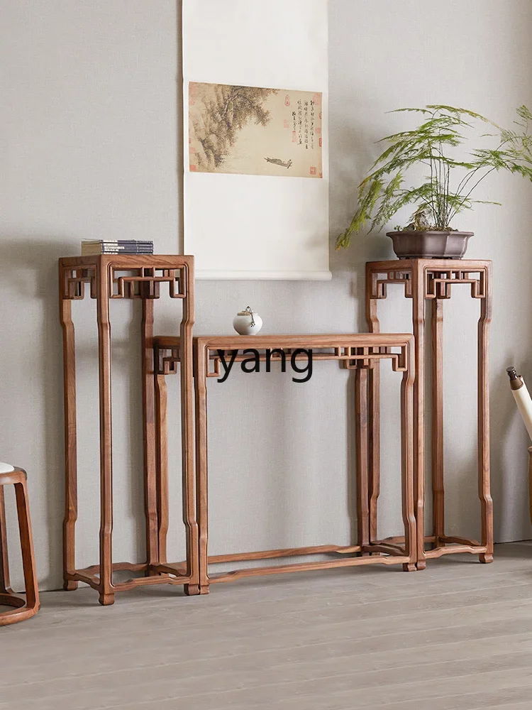 LMM new Chinese flower table Zhongtang three-piece set of black walnut entrance solid wood flower stand