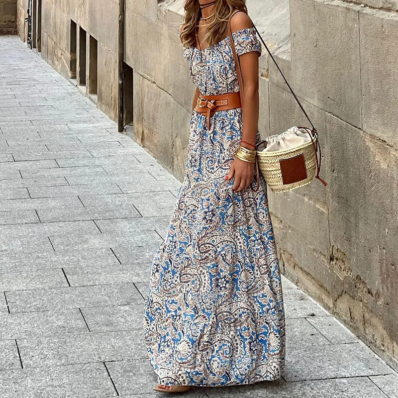 

Off Shoulder Slash Neck Long Dress Summer Women Elegant Floral Print A-Line Short Sleeve Bohemian Sundress with Belt