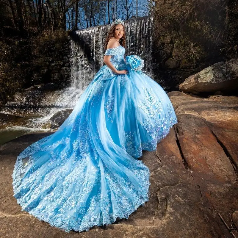 Customized Blue Shiny Quinceanera Dress For Sweet 16 Girls Beads Appliques Princess Ball Gown Ruffles Vestidos De Fiesta YQD546