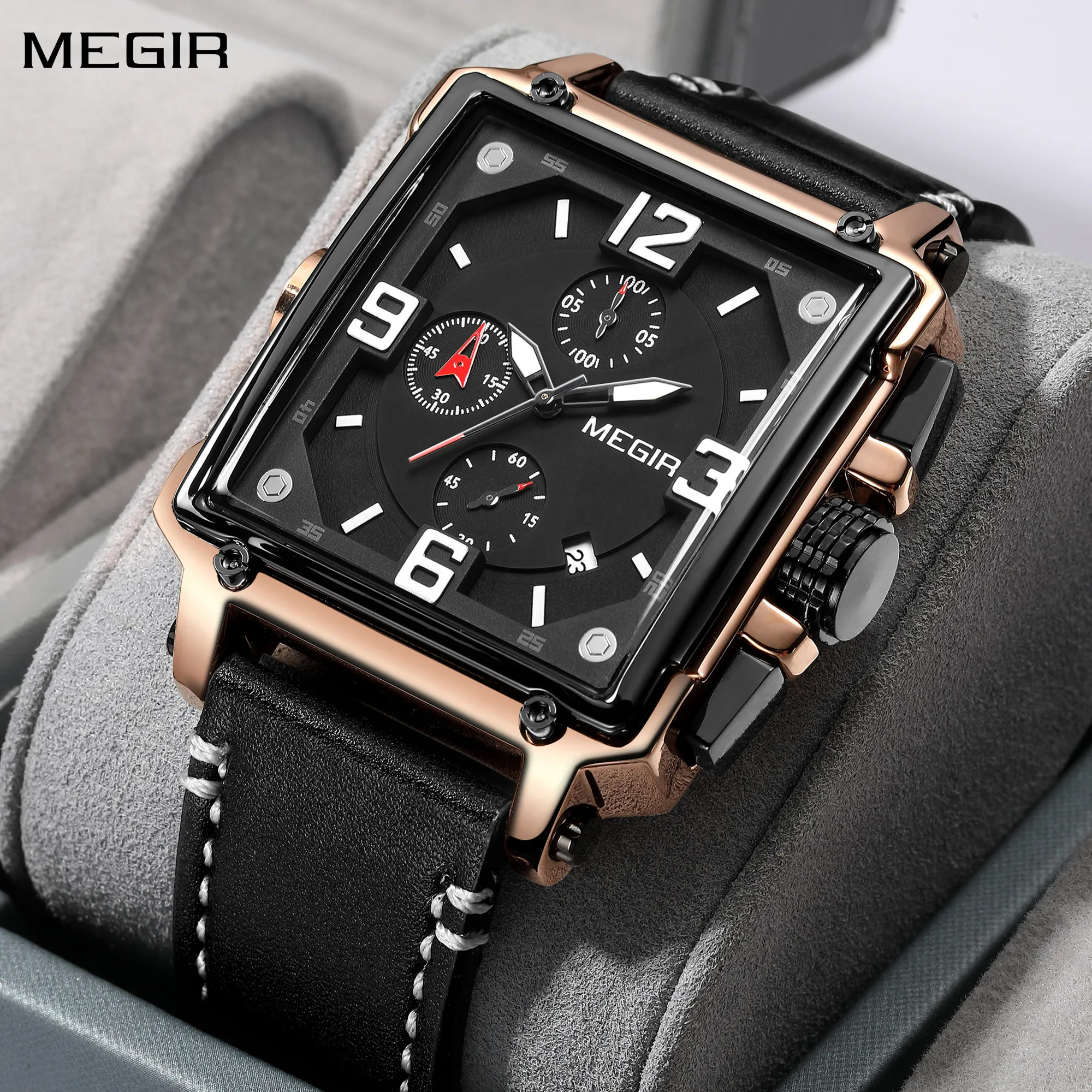 

Fashion Megir Men Top Brand Luxury Chronograph Quartz Square Multifunctional Leather Sport Army Military Watch Relogio Masculino