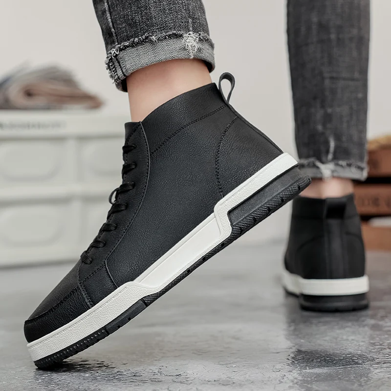 Men\'s Sneakers Black White Skate Shoes High Top PU Leather Anti-slip Fashion Shoes Man New Trends 2023 Spring New Casual Outdoor