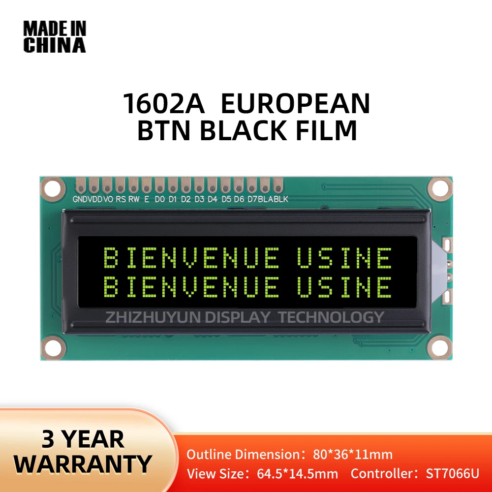 1602A ตัวอักษรยุโรปโมดูลแสดงผลหน้าจอแสดงผล LCD ฟิล์มสีดำสีเหลืองขนาด80*36ตัวอักษรหน้าจอแสดงผล LCD แบบ Dot Matrix