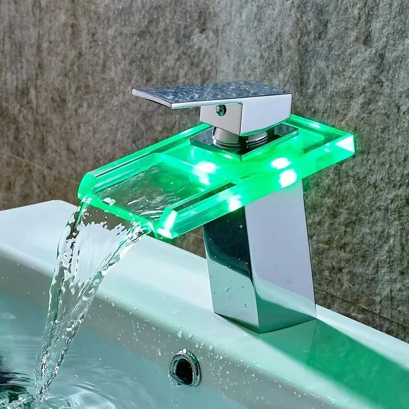 

Non-electricity LED Luminous Basin Faucet Hydropower Waterfall Cold Hot Water Mixer Taps Square Washbasin Bathroom Faucets