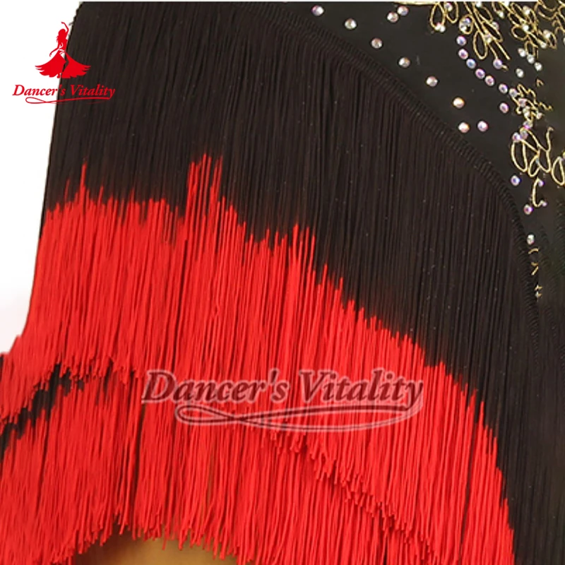Vestido sin mangas Chacha Samba con borlas de Color degradado rojo y negro para mujer, traje de examen de grado de baile latino personalizado