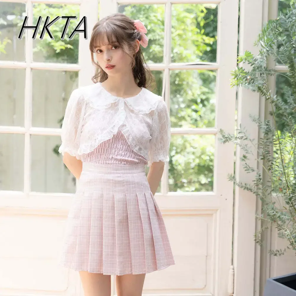 Summer New Sweet Japanese Style Lace Cape Shawl with Sling Two-Piece Set Lady Girls Slimming Lace Bow Short Sleeve Blouse Top