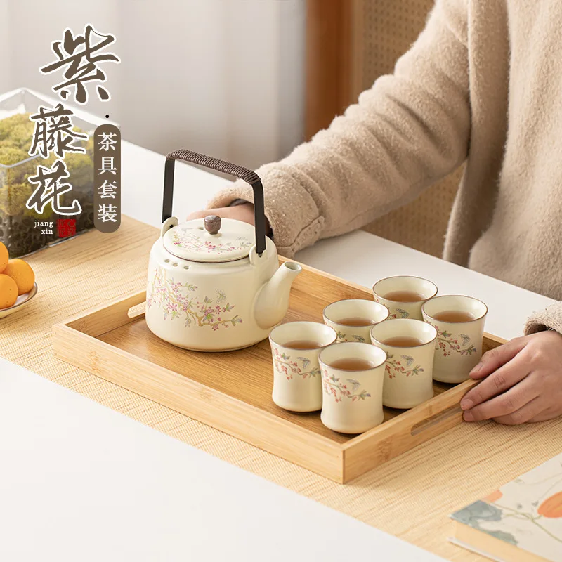 

Ru Kiln Wisteria Flower Kung Fu Tea Set Household Complete Tea Brewing Set with Teapot, Lid, Bowl, Business Gift Box