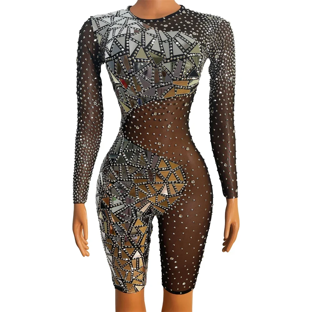 

Jumpsuit Crystal Sparkly Rhinestones Silver Mirror Stretch Bodysuit Women Birthday Party Black Transparent Mesh DS Stage Costume