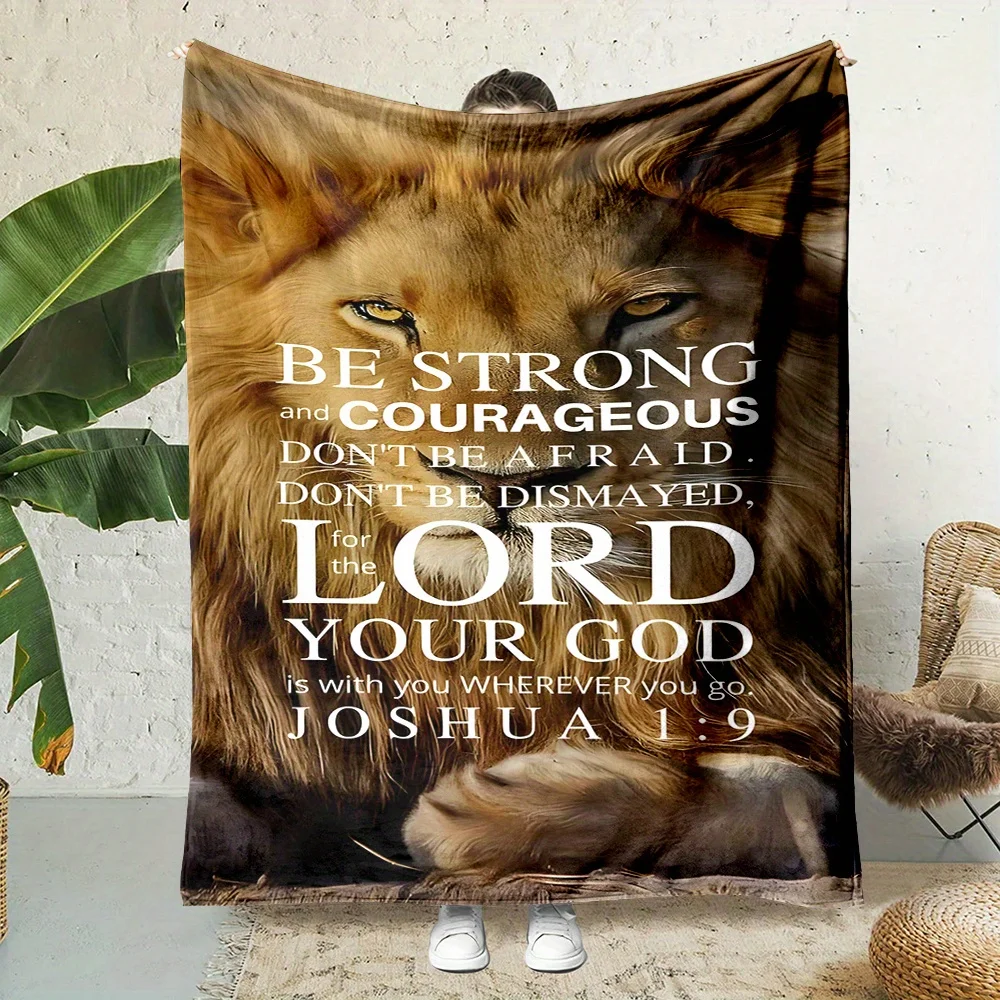 Rustic Lion Bible Verse Throw Blanket - Reversible, All-Season, Cartoon Pattern, Non-Woven Polyester, Inspirational Joshua 1:9 S