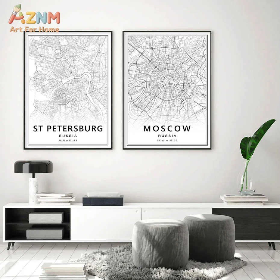 AZNM Moscow Russia City Map Canvas Wall Art, Black and White Minimalist Geographic Coordinates Print, Frameless Modern Line Art