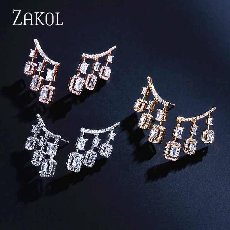 ZAKOL Fashion Sliver Color Tassel Drop Earrings for Women Square Cubic Zircon Girl Party Jewelry