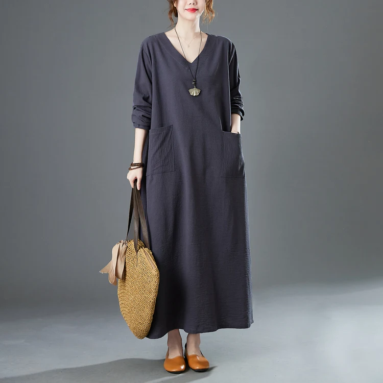 

Retro Cotton Linen V-neck plus Size Loose Long Sleeve Dress Knee-length Artistic Style Women's Clothing Commute Style