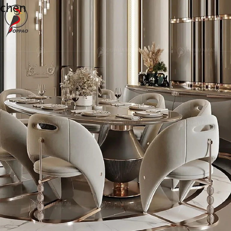 YFY European Style Light Luxury Stainless Steel Dining Chair High-End Luxury Villa Chair Custom Furniture Modern Dining Table
