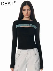 DEAT Fashion Women's Knitted T-shirt Slash Neck Long Sleeves Hollow Out Belt Denim Spliced Slim Spring 2024 New Tide 7AB2056