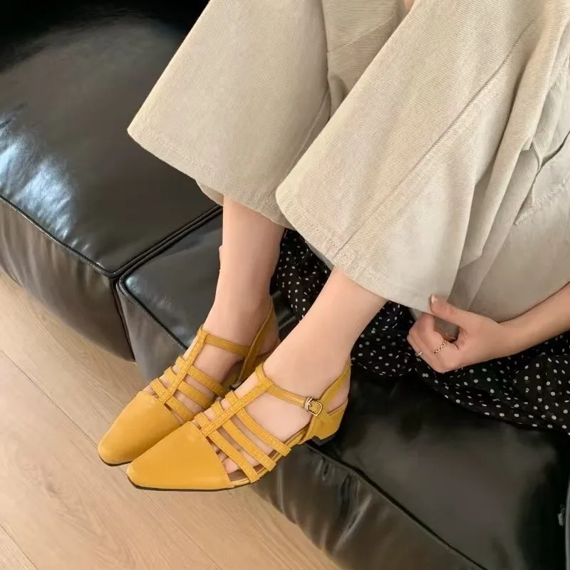 Soft Leather French Temperament Woven Hollow-out Baotou Sandals Women's Back Empty One-Buckle Roman Shoes