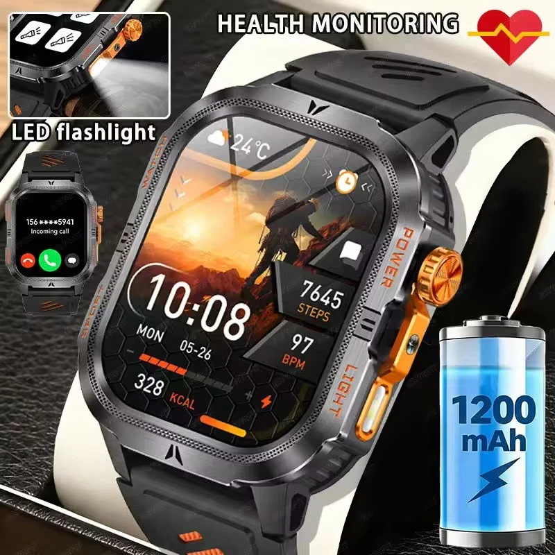 2026 Rugged Military Smart Watch Men 1200mAh big Battery 2.01" HD Screen IP68 Waterproof Bluetooth Call Fitness Tracker Health M