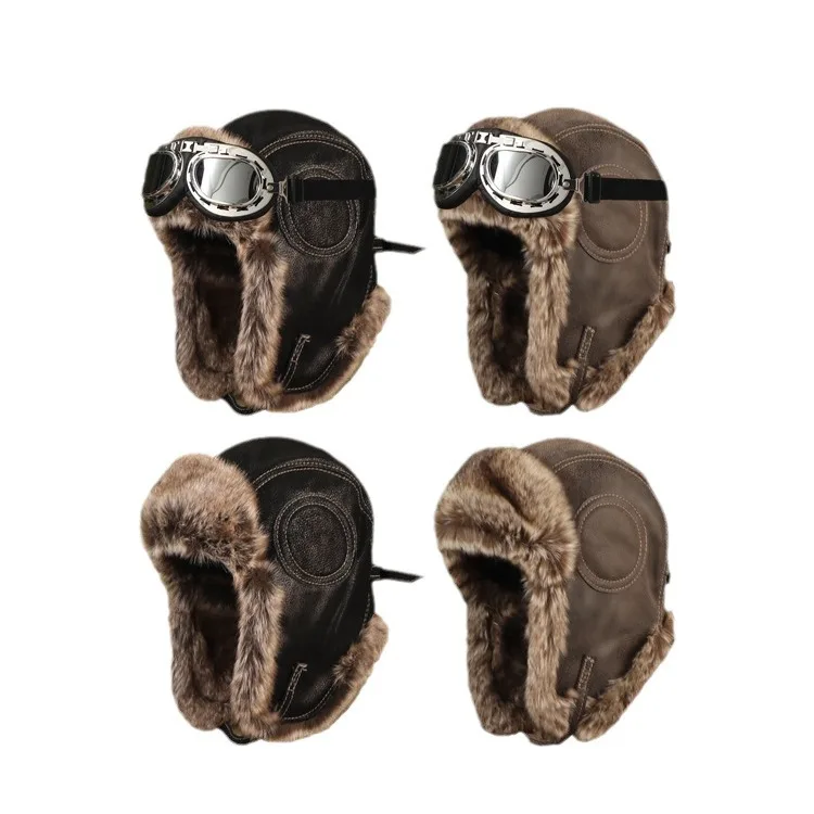 

Men's and Women's Outdoor Warm Cap Lei Feng Cap Leather Thickening Riding Cold Cap Winter Warm Ear Protection Pilot Hat